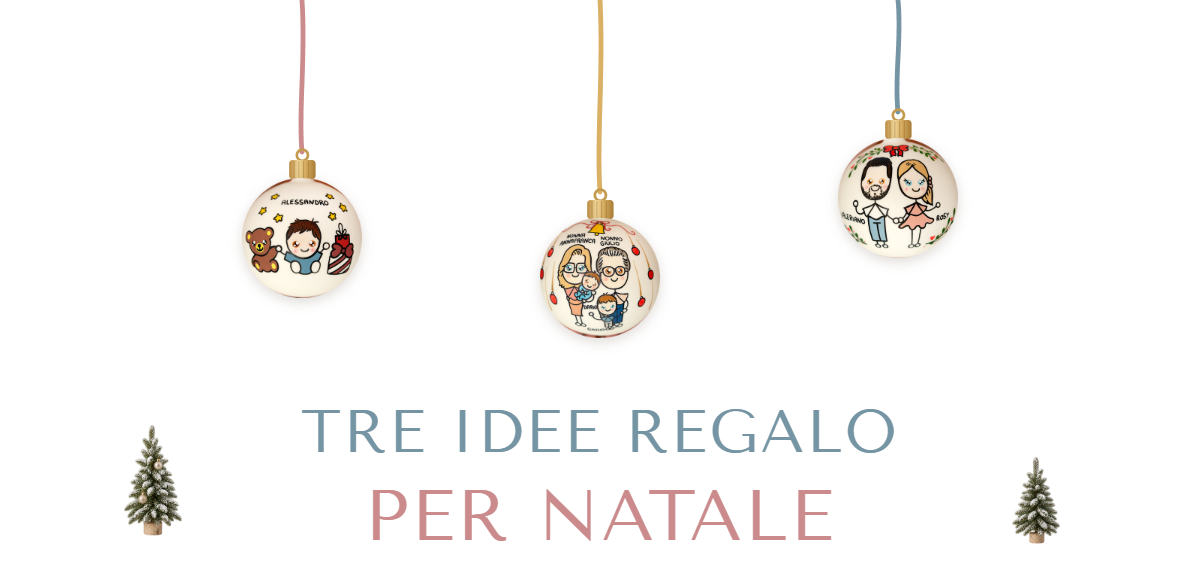 Tre idee regalo per Natale. Tre palline di Natale dipinte a mano di Infants, appese a dei nastri
