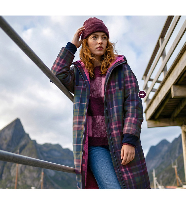 Elegante cappotto a quadri con fodera in peluche e cappuccio