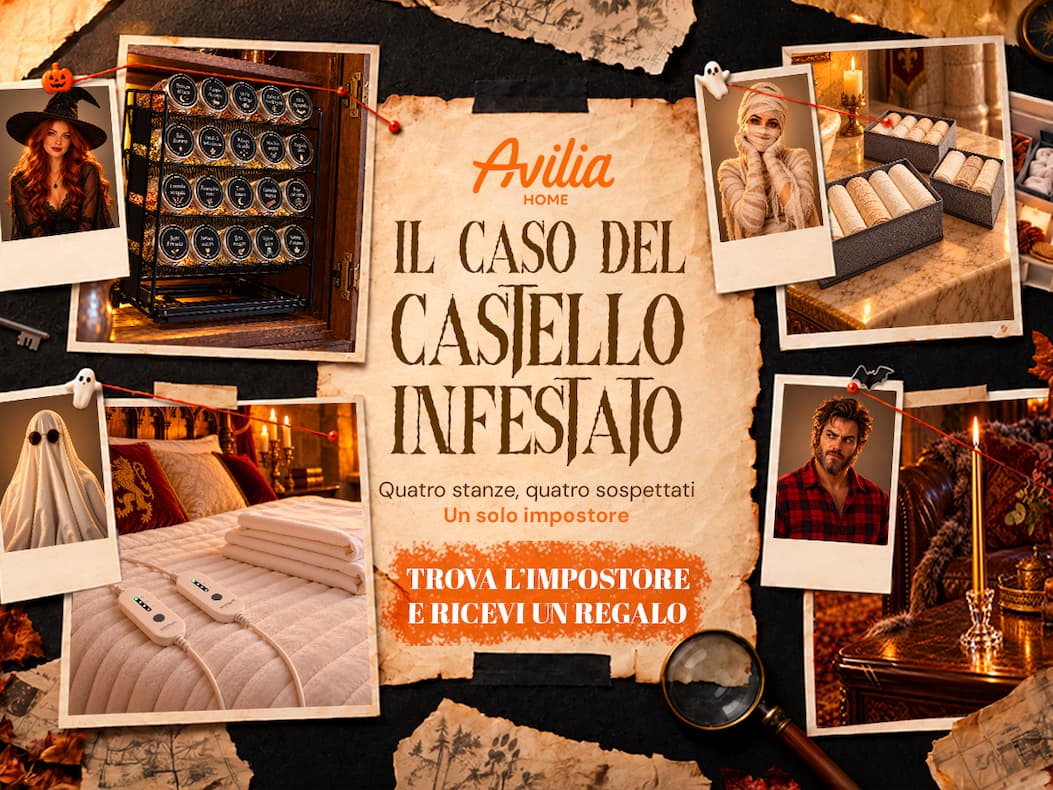 Lavagna investigativa Halloween Avilia Home con quattro sospettati, indizi dalle stanze e il messaggio: Il caso del castello infestato. Trova l’impostore e ricevi un regalo.