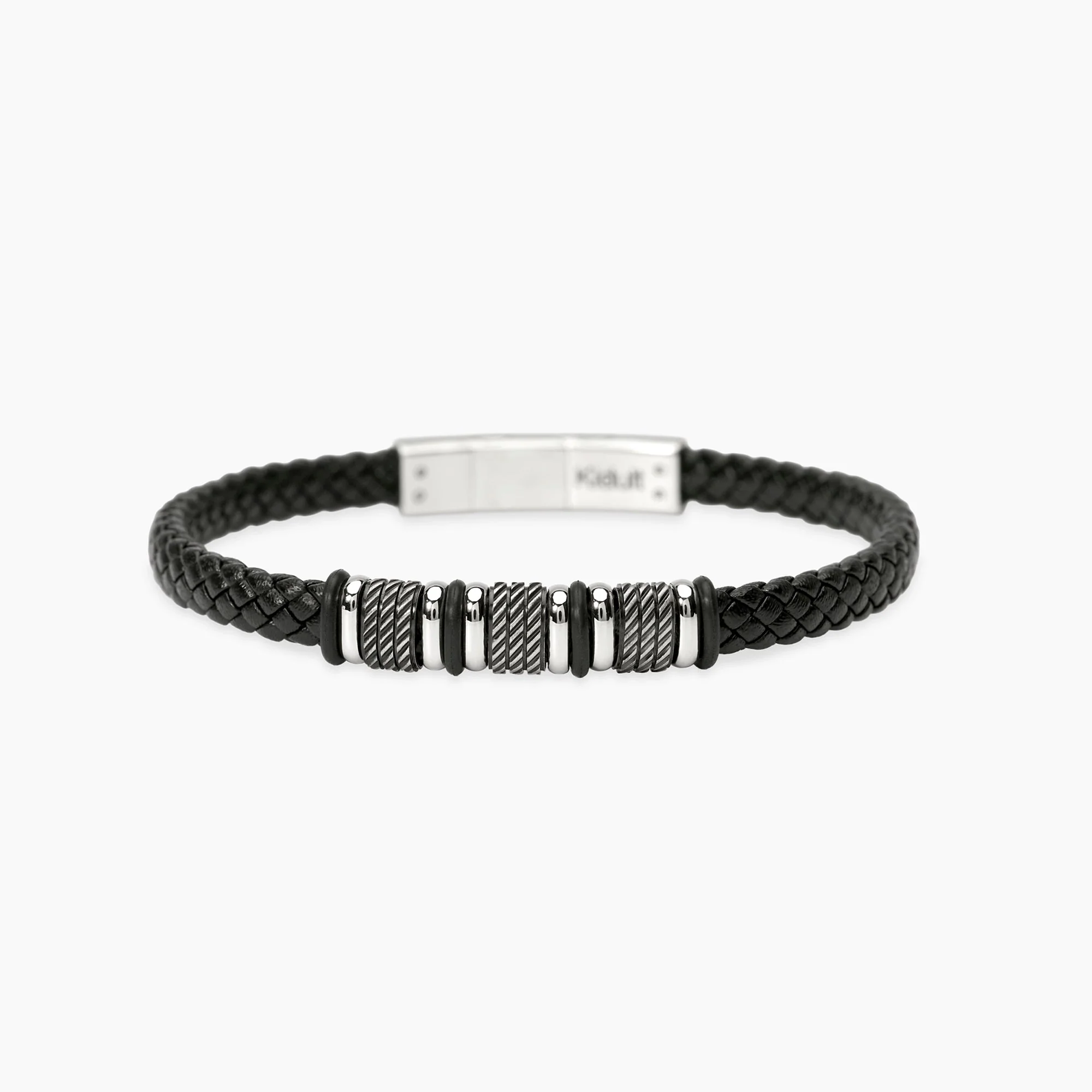Image of Bracciale in acciaio con lab-leather nera e inserti corda STYLE 52