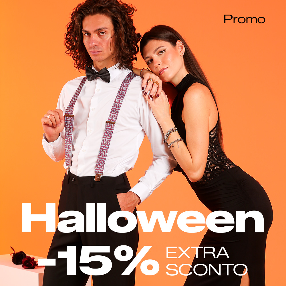 Two models in formal eveningwear posing against an orange backdrop for a Halloween sale banner offering 15% discount