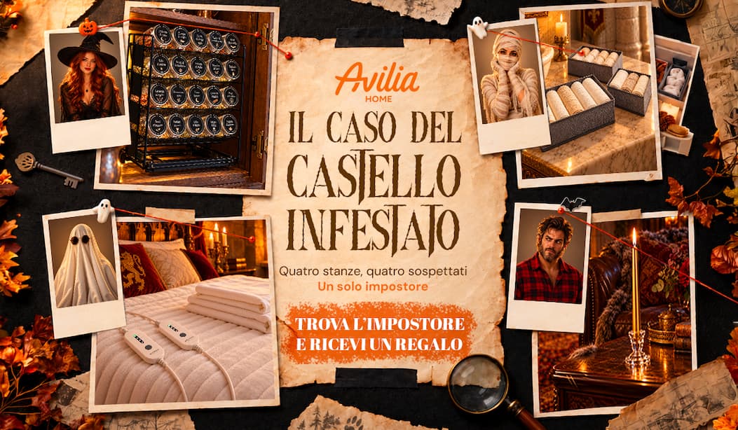 Lavagna investigativa Halloween Avilia Home con quattro sospettati, indizi dalle stanze e il messaggio: Il caso del castello infestato. Trova l’impostore e ricevi un regalo.