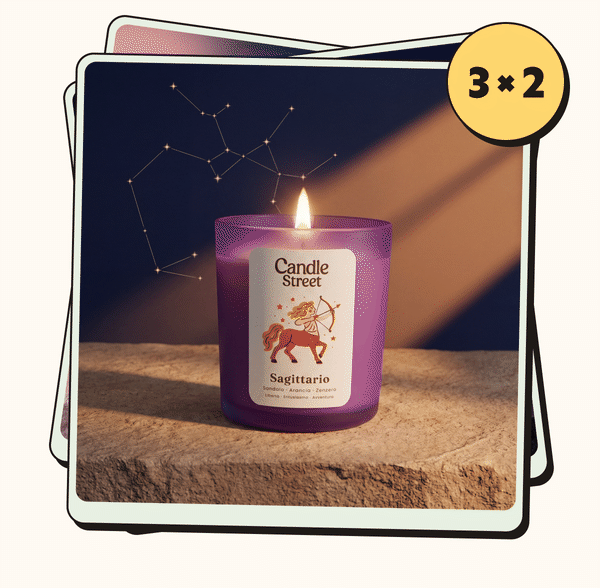 Tre fotografie delle candele Zodiaco. Scorpione, Bilancia e Sagittario. 3×2.
