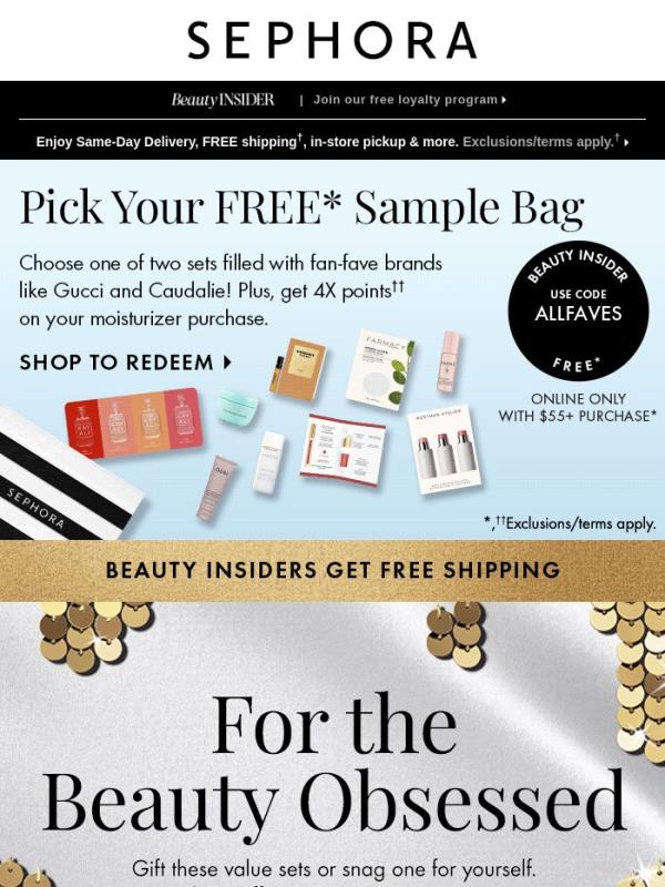 Choose one of two FREE sample bags filled with fan faves 💫 Min. spend required.