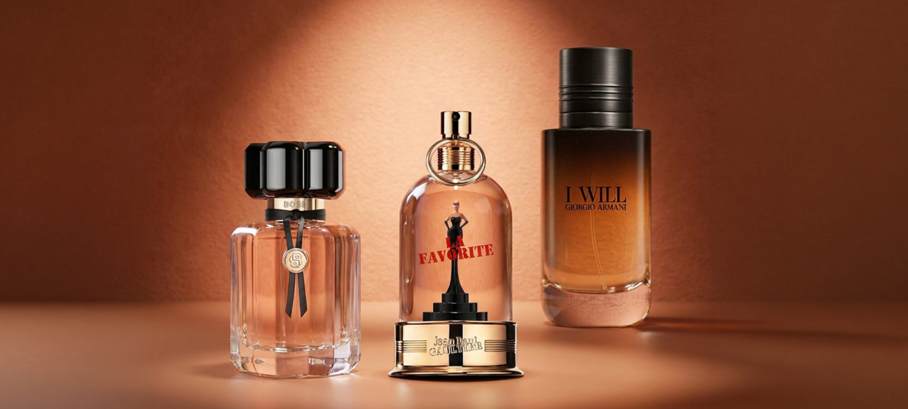 Tre profumi da donna Giorgio Armani e Jean Paul Gaultier su sfondo viola.