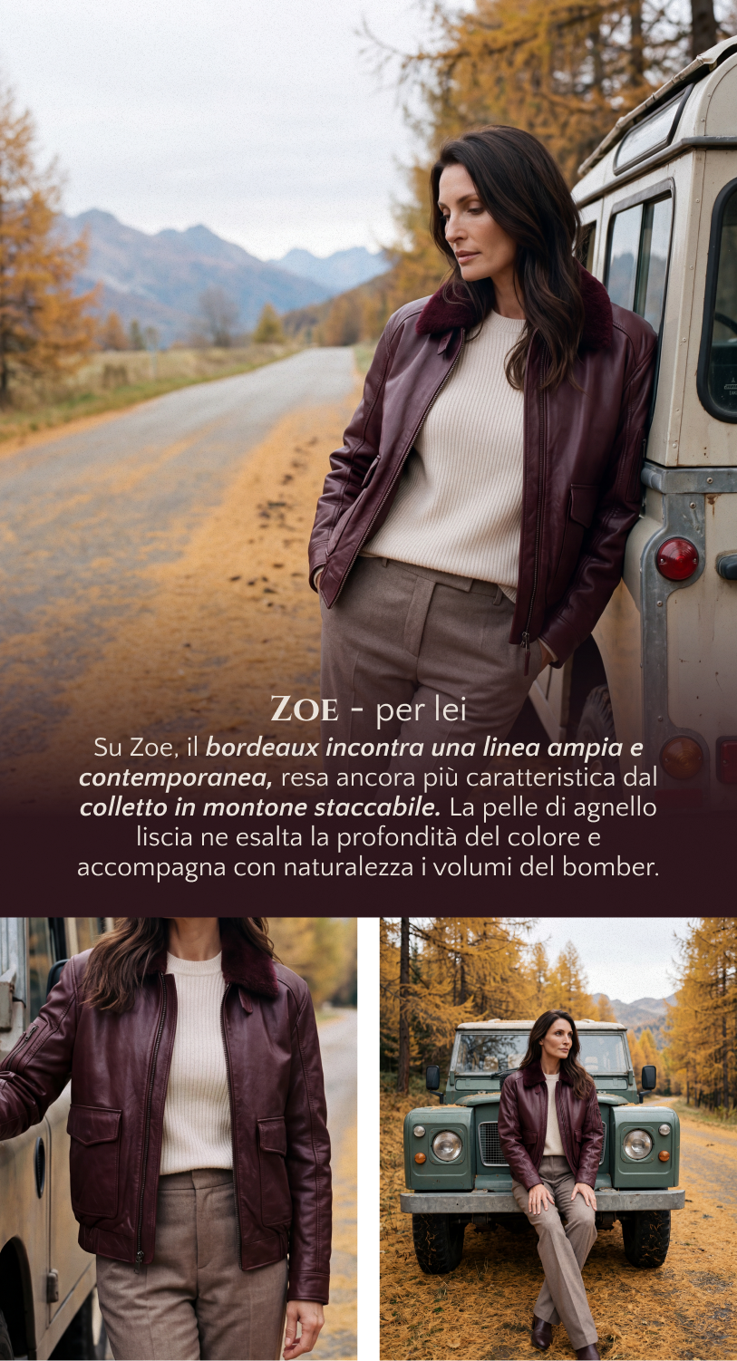 Zoe per lei: bomber bordeaux in pelle d’agnello liscia, linea ampia e colletto in montone staccabile.