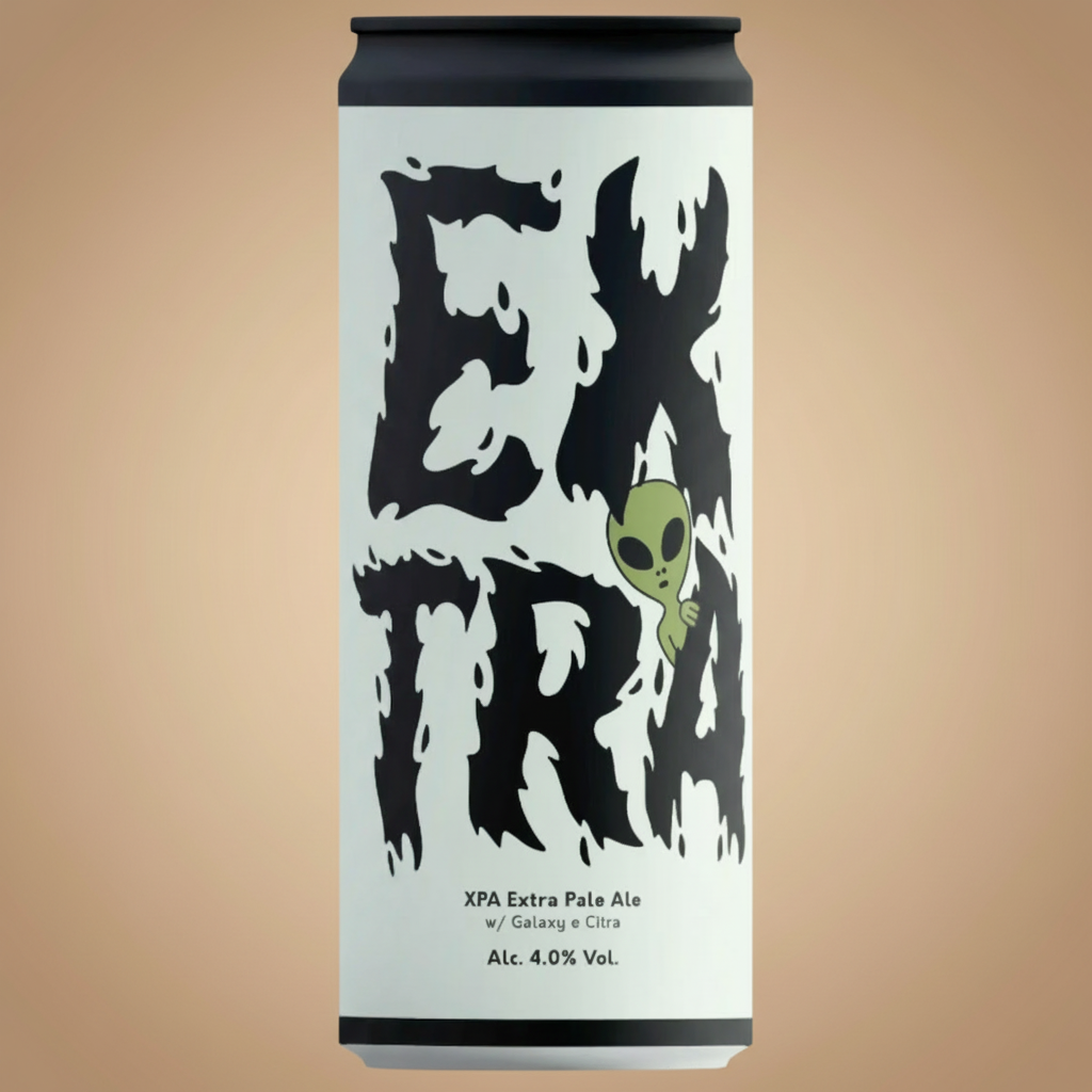 A can of "EXTRA" XPA Extra Pale Ale with an alien graphic.