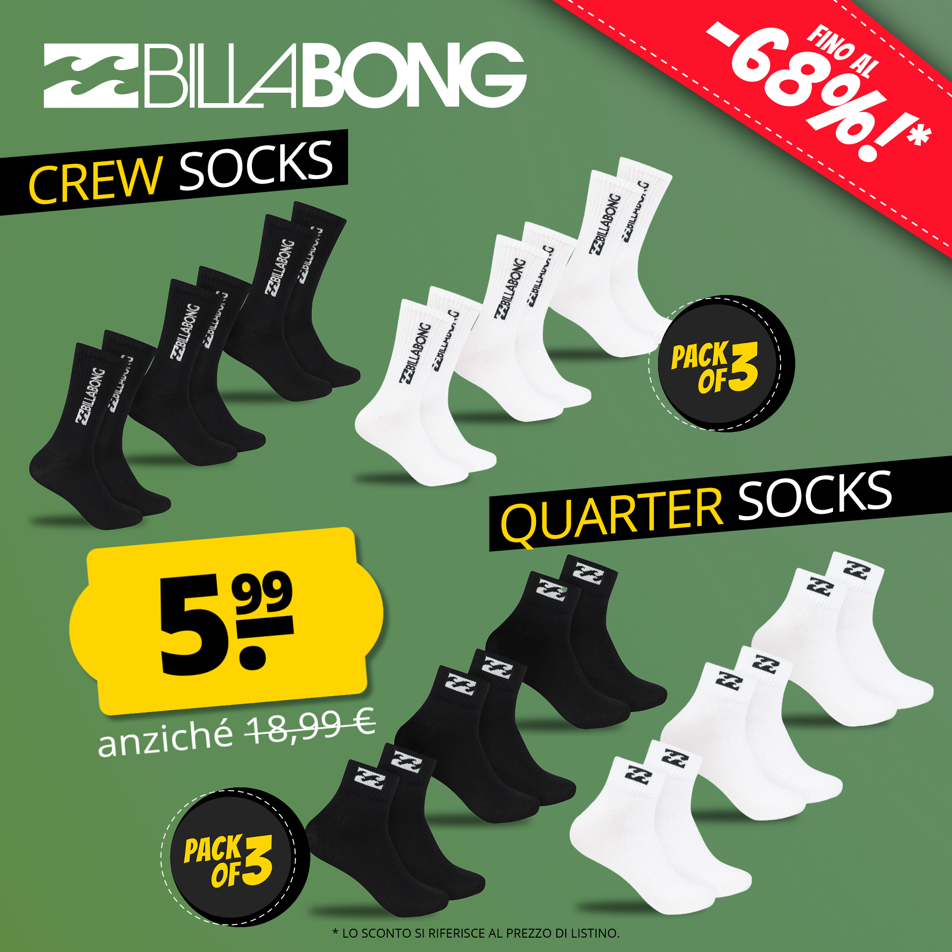 billabong unisex crtew tennis calzini 3 paia equipaggio