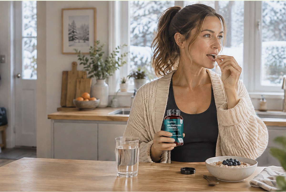 A woman in a cozy kitchen taking a supplement while sitting at a table with a glass of water and a bowl of blueberries.