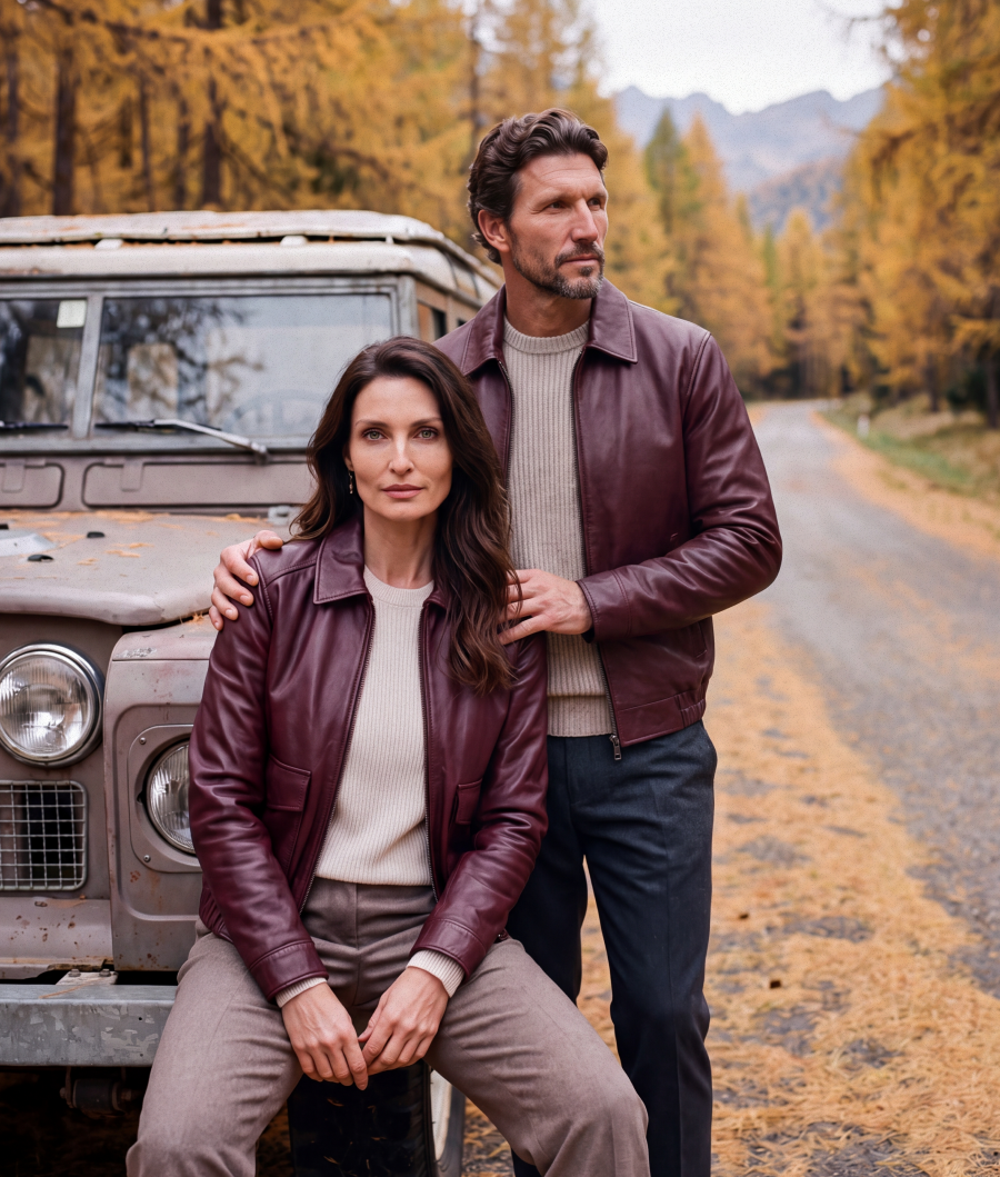 Zoe e Marlon Cam bordeaux, indossati insieme nel paesaggio autunnale.