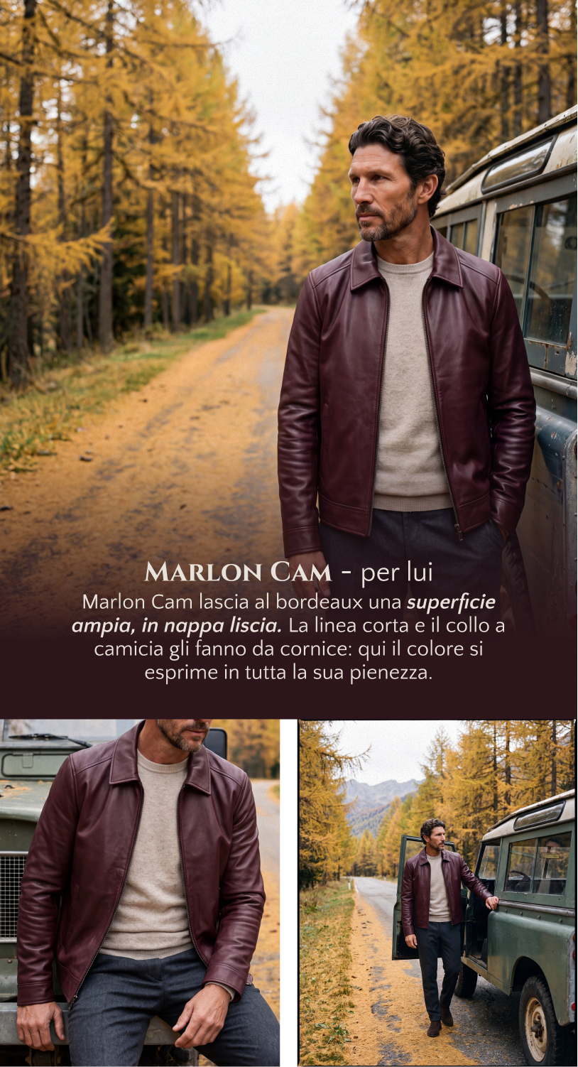 Marlon Cam per lui: nappa liscia bordeaux, linea corta e collo a camicia.