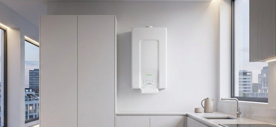 White wall-mounted combi boiler above a minimalist kitchen worktop with sink and city-view window