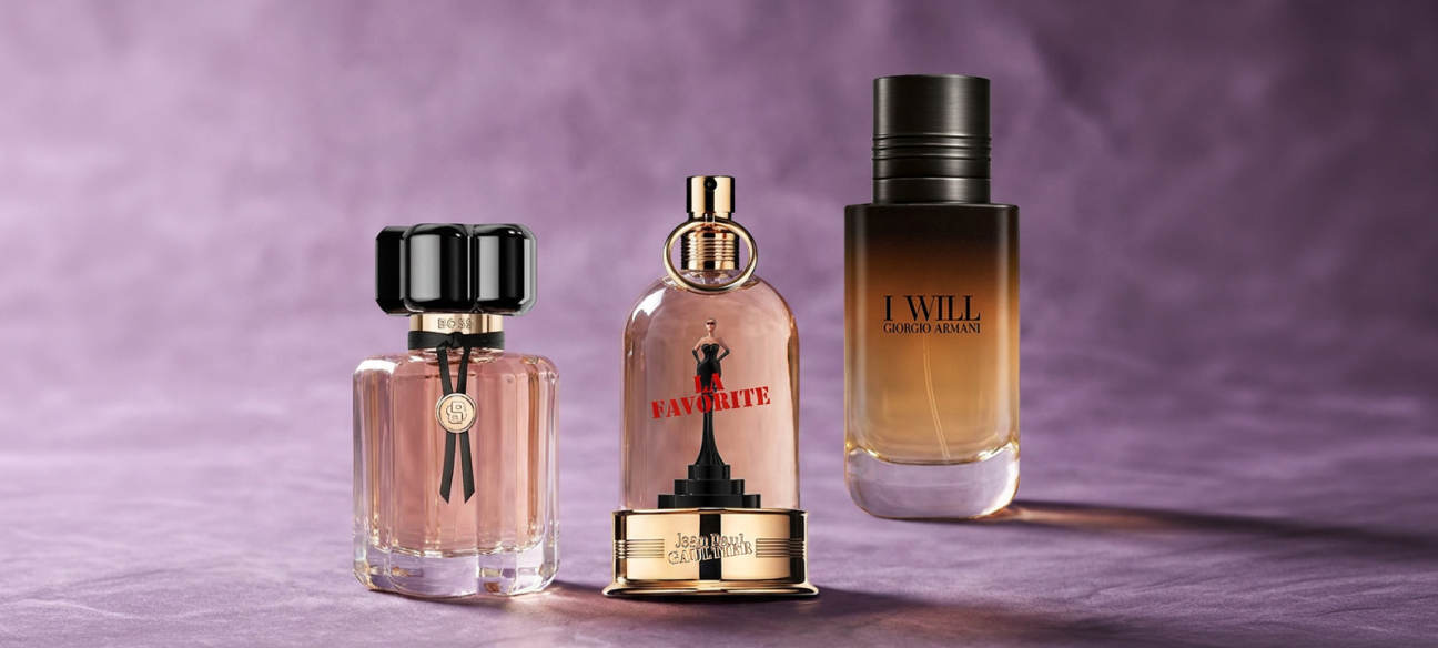 Tre profumi da donna Giorgio Armani e Jean Paul Gaultier su sfondo viola.