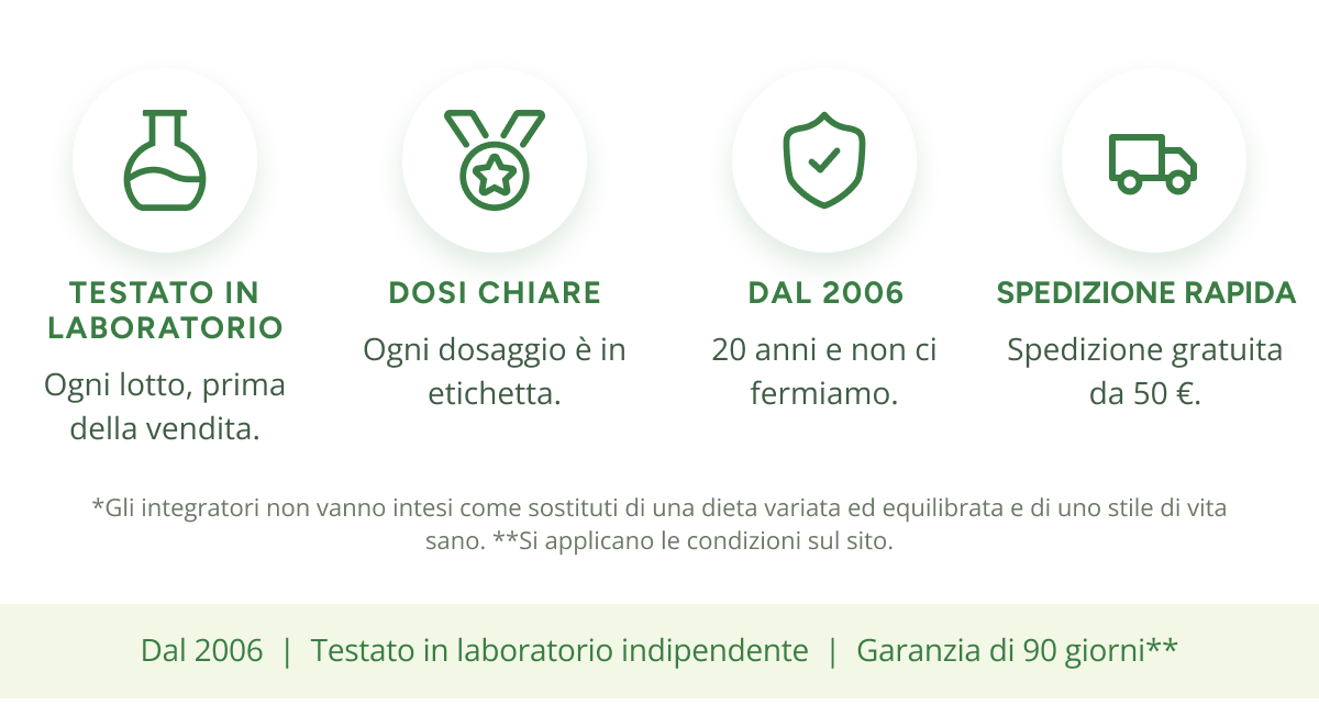 Testato in laboratorio Ogni lotto, prima della vendita. Dosi chiare è in etichetta. Dal 2006 20 anni e non ci fermiamo.