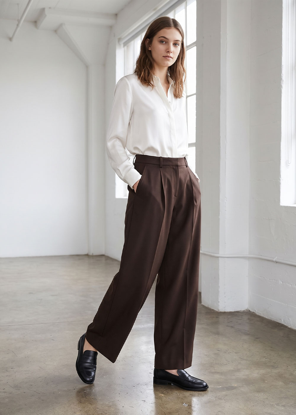 Woman wearing white silk blouse, wide-leg brown trousers and black loafers standing in a bright minimalist studio