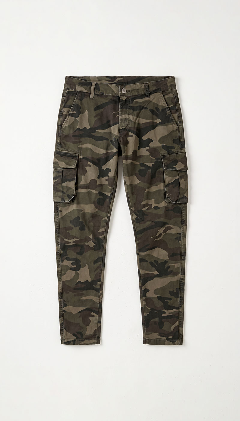 Flat-lay of men's green camo cargo trousers with side flap pockets, belt loops and button waist on white background