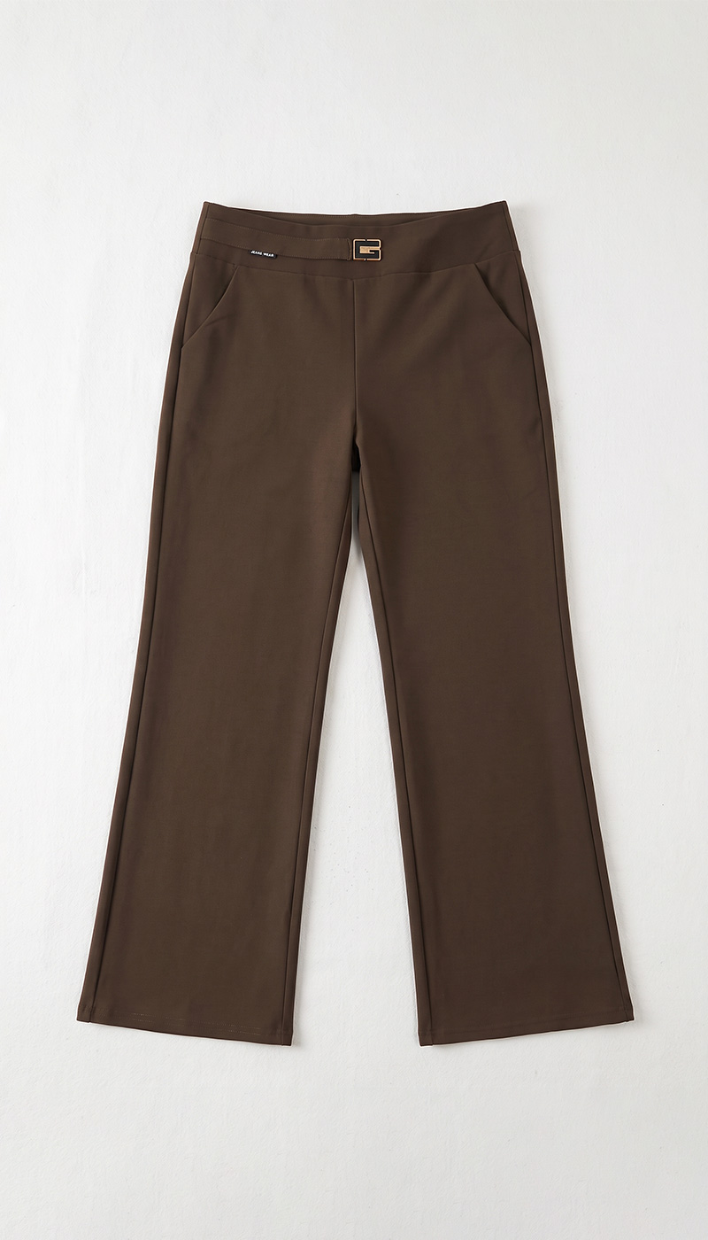Brown women's wide-leg trousers flat-lay with gold buckle detail, side pockets and smooth stretch fabric, full-length