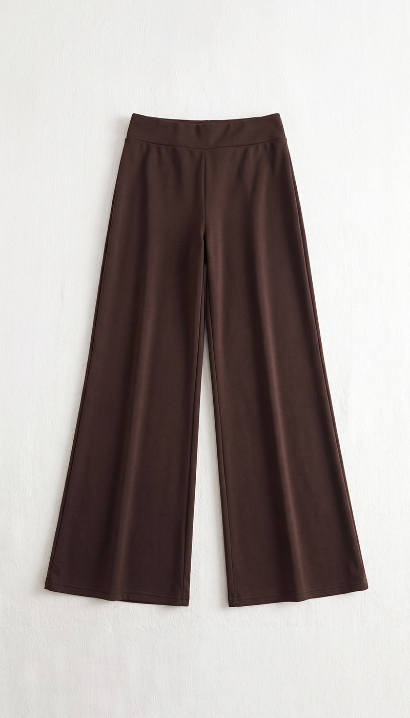 Women's dark brown wide-leg trousers with high waist elastic waistband, laid flat on white background