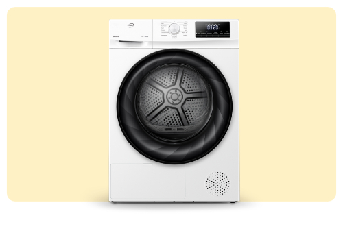 White front-loading condenser tumble dryer with large circular door, digital display, control dial and vent on pale yellow background