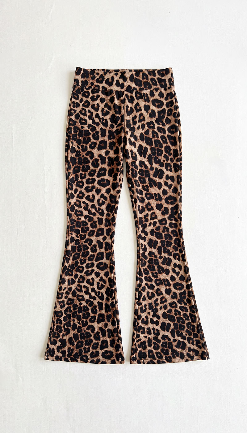 Leopard-print flared trousers for women, tan and black pattern, high-waisted, laid flat on white background
