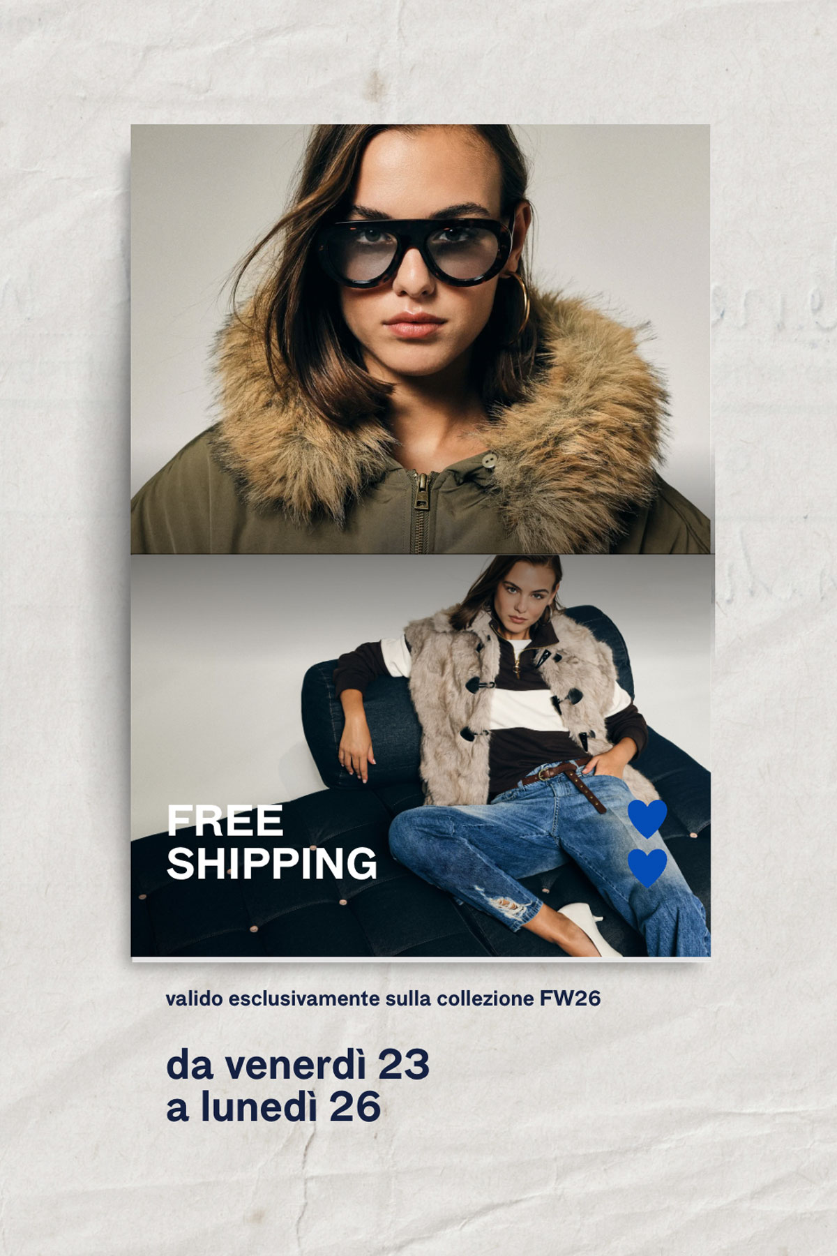Fashion ad collage: top close-up of woman in fur-trim parka and sunglasses; below model lounging in fur vest and jeans with 'Free Shipping' text