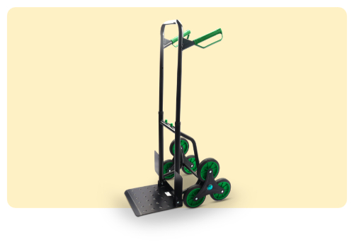 Stair-climbing hand truck with black frame and green tri-wheel clusters, foldable base plate and ergonomic green handle