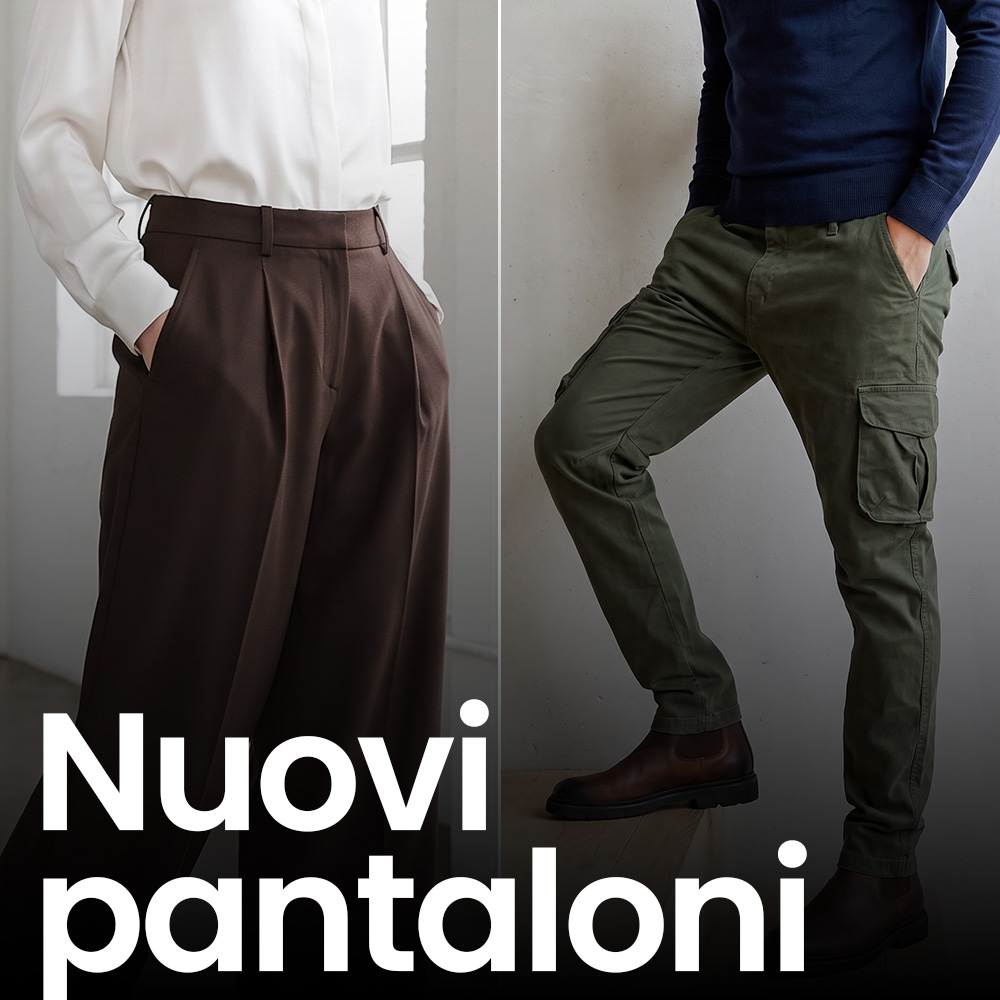 Two models wearing new trousers: brown wide‑leg women's trousers with white blouse (left) and olive men's cargo trousers with navy sweater and brown boots (right)