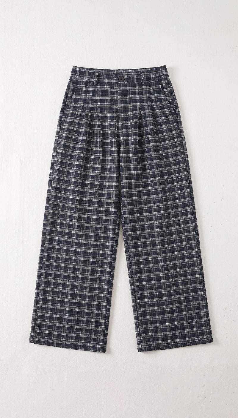 High-waist navy and white checked wide-leg pleated trousers laid flat with button fastening and side pockets