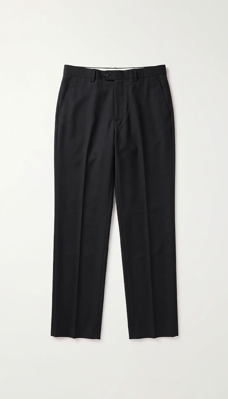 Black tailored men's trousers with belt loops and side pockets, slim straight-leg formal trousers on white background