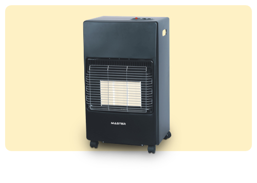 Portable black gas heater on castors with protective front grill and visible ceramic burner, branded MASTER