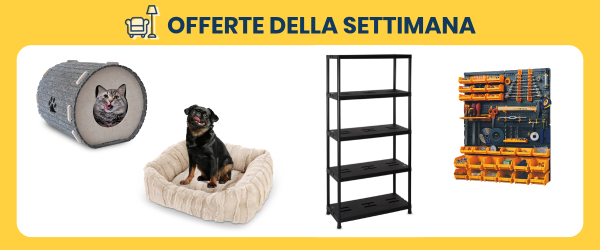 Banner 'Offerte della settimana' showing a cat in a grey tunnel, a black dog in a beige pet bed, a black shelving unit and an orange tool organiser