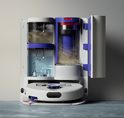 Dyson R2 Nurovi Wash+Dry robot vacuum cleaner self-emptying and cleaning in its dock.