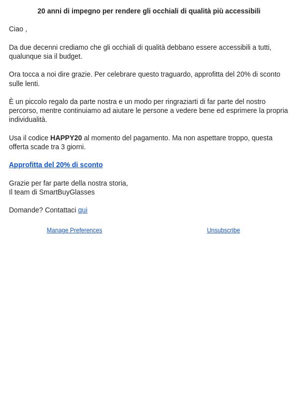 Celebrando 20 anni: 20% di sconto sulle lenti