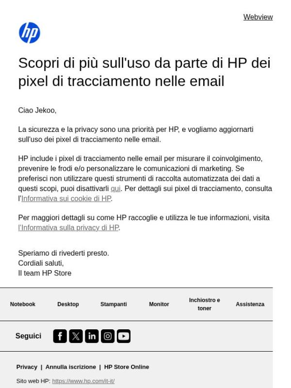 Scopri di più sull'uso da parte di HP dei pixel di tracciamento nelle email