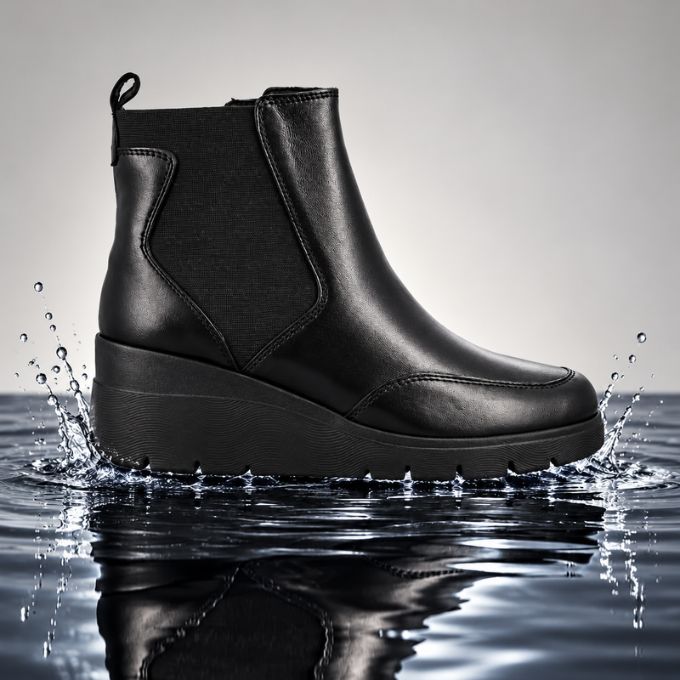 Black waterproof leather wedge ankle boot with elastic side panels, splashing in water — stylish, durable rain footwear