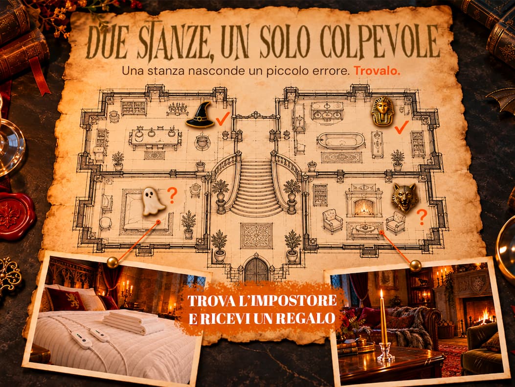 Mappa del castello: Strega e Mummia sono state controllate. Restano da ispezionare le stanze di Fantasma e Lupo Mannaro. Trova l’impostore e ricevi un regalo.