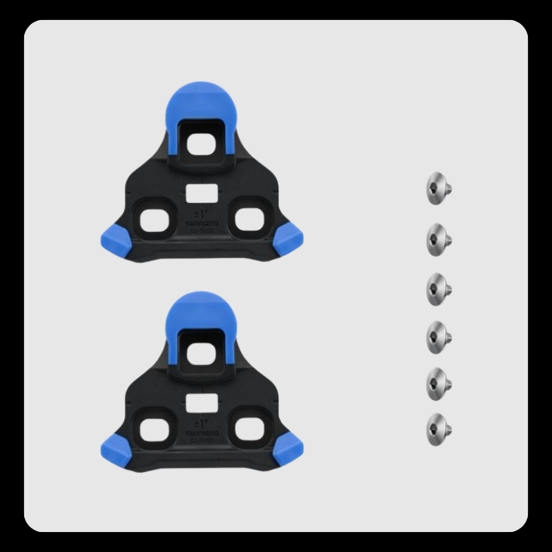 Pair of black triangular road cycling cleats with blue toe tabs and six silver fixing screws on a light grey background