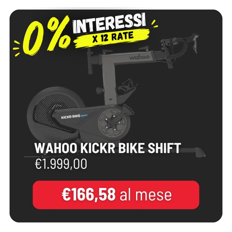 Promotional graphic of Wahoo KICKR Bike Shift, price €1,999 and €166.58/month with 0% interest over 12 instalments