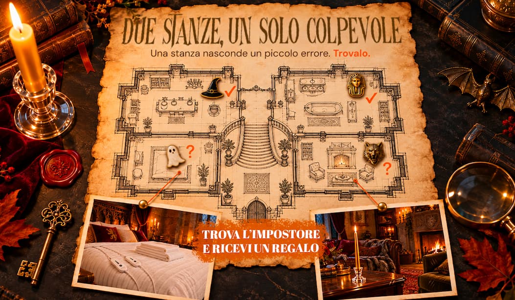 Mappa del castello: Strega e Mummia sono state controllate. Restano da ispezionare le stanze di Fantasma e Lupo Mannaro. Trova l’impostore e ricevi un regalo.
