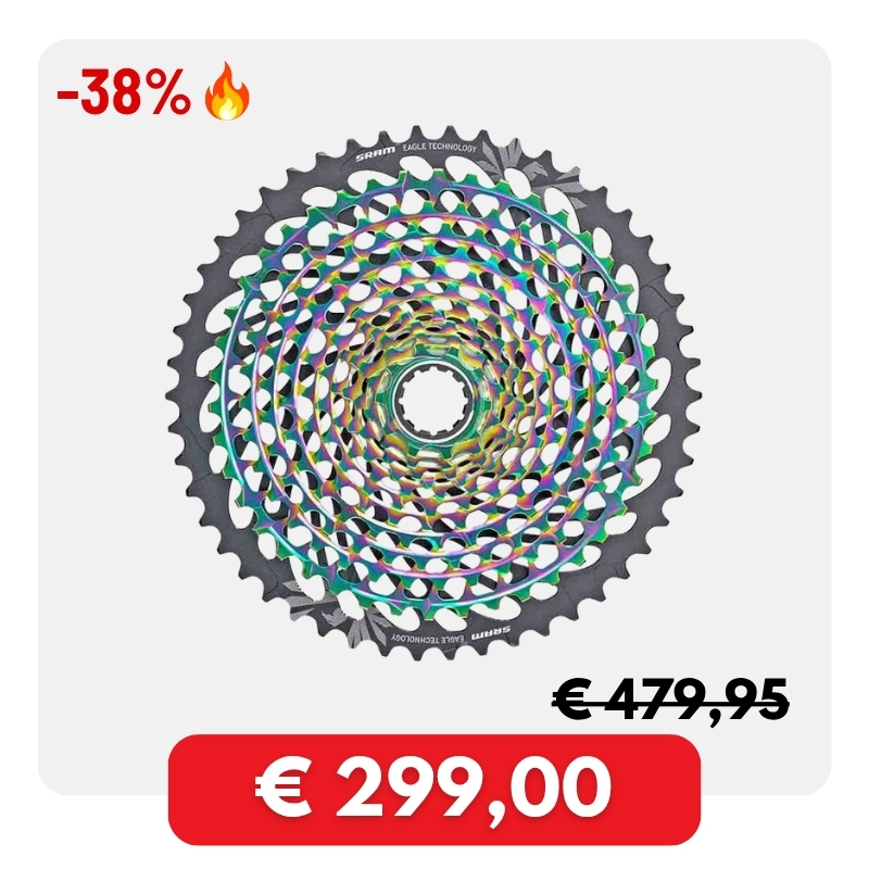 SRAM rainbow bicycle cassette on white background, -38% sale badge and €299 price tag