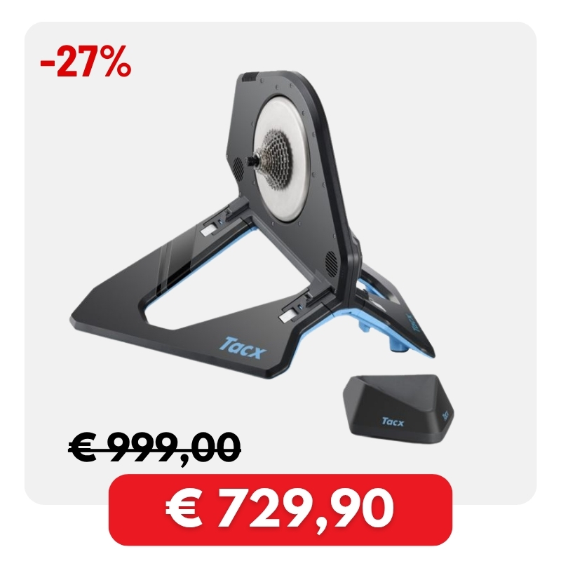 Tacx foldable direct-drive smart bike trainer and sensor on white background, -27% sale price €729.90