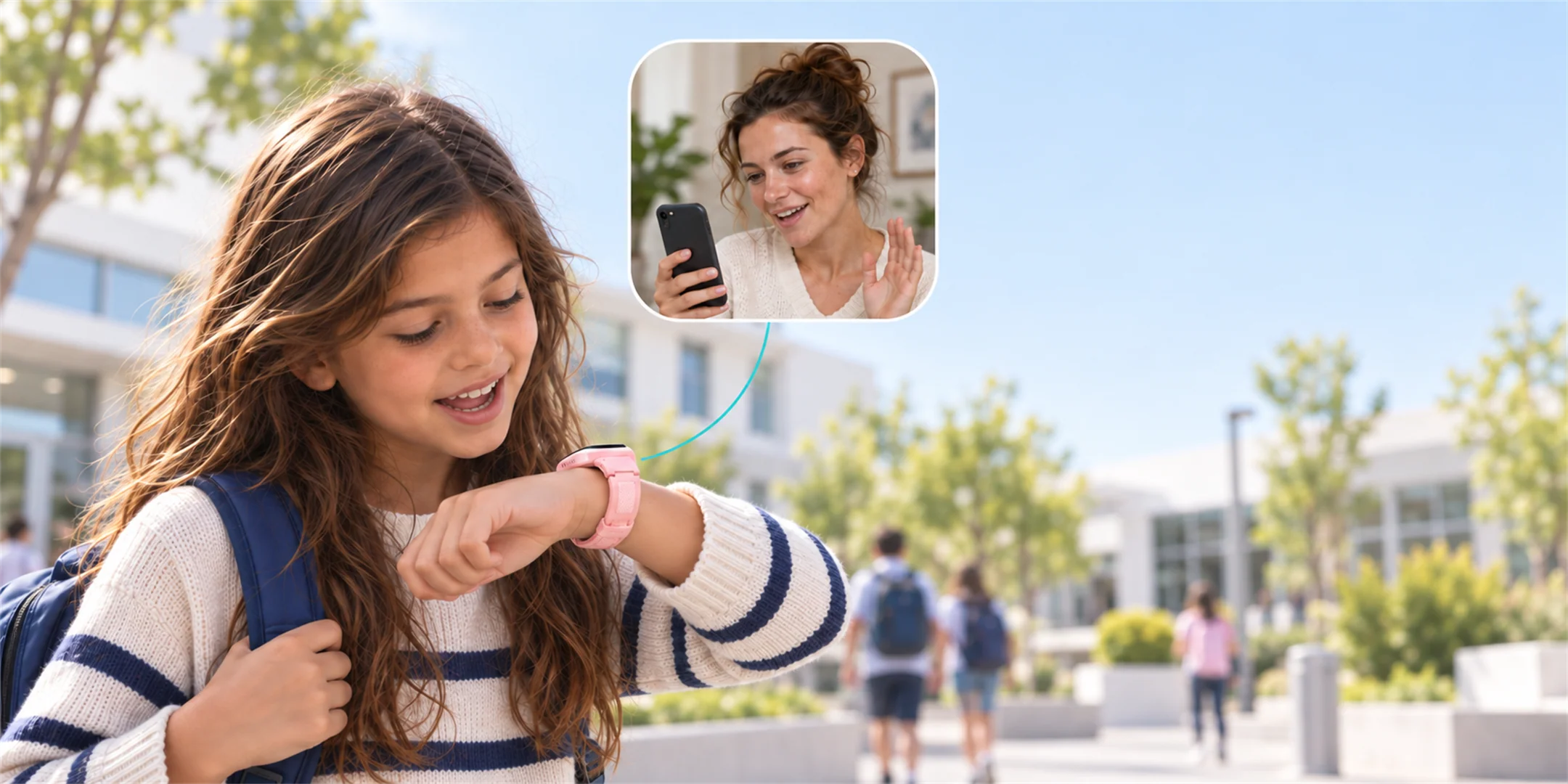 Una bambina parla con la mamma usando uno smartwatch LAGENIO per bambini