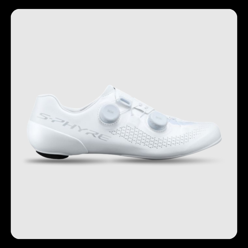 White road cycling shoe (side view) with S-Phyre logo, two BOA-style dial closures and perforated upper on pale grey background