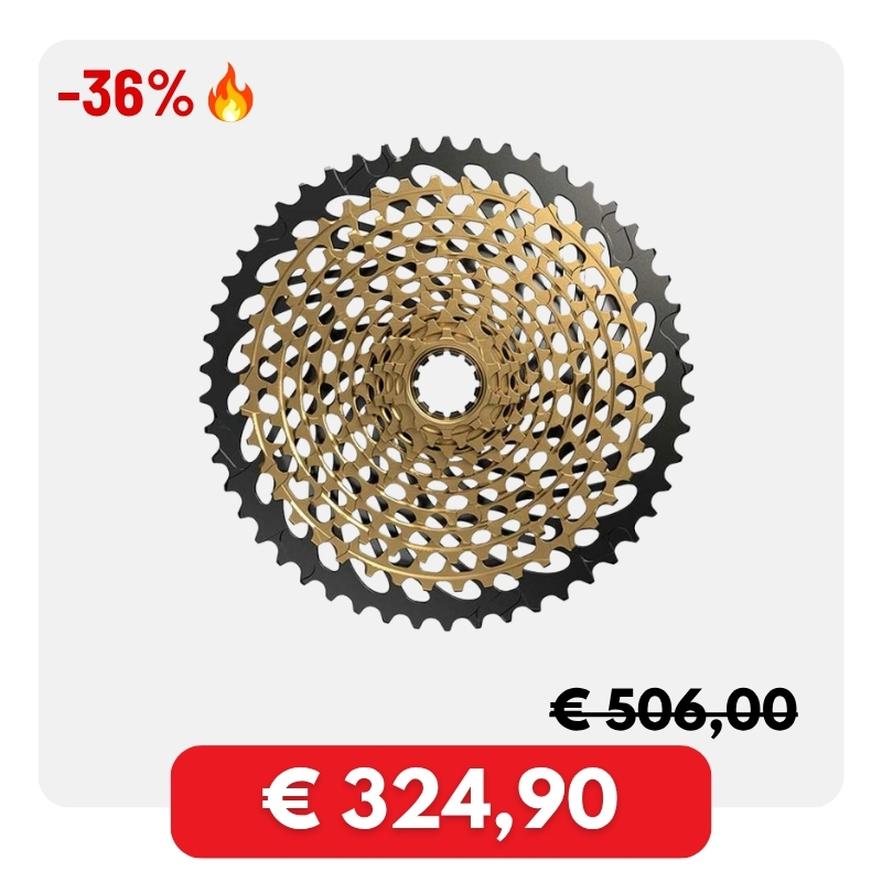 Gold and black bicycle cassette sprocket on white background, 36% off with crossed-out €506 and discounted price €324.90