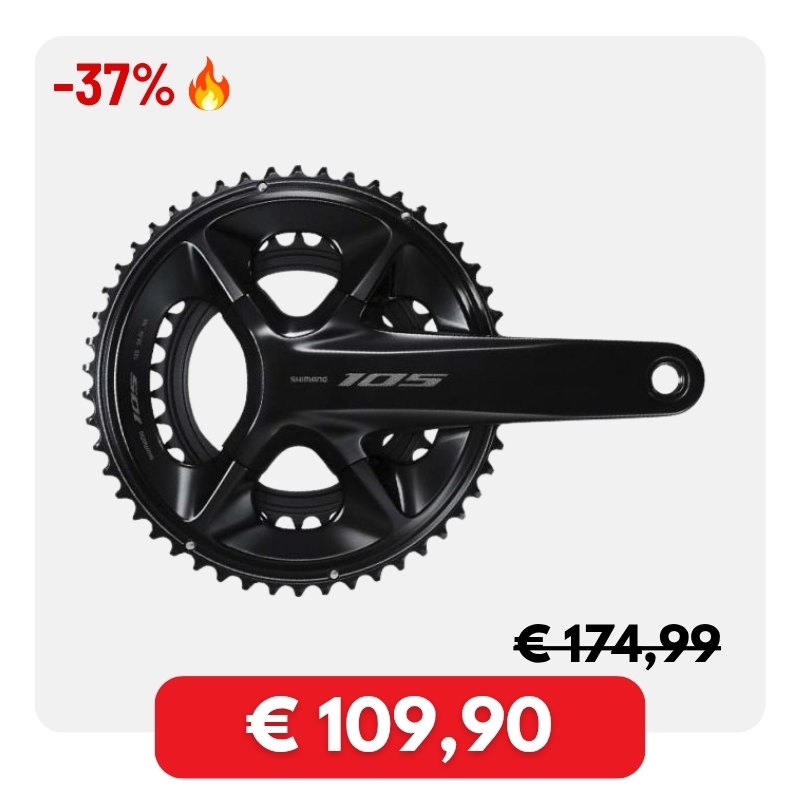 Black Shimano 105 double chainring road bike crankset with right crank arm, shown with -37% discount badge and sale price €109,90