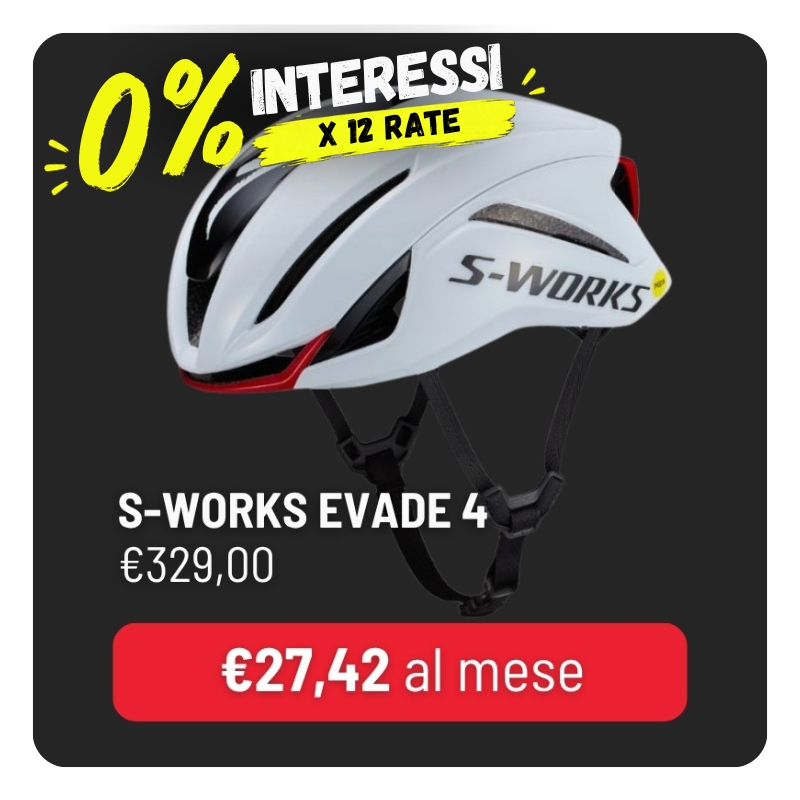 White S-Works Evade 4 road cycling helmet on dark background with 0% interest banner; price €329 (€27.42/month)