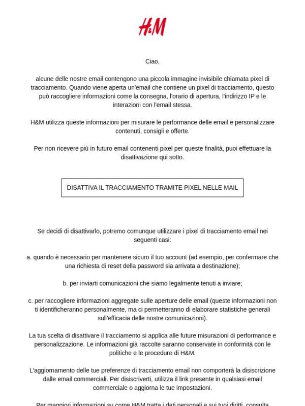 Aggiornamento sull'utilizzo dei pixel di tracciamento email da parte di H&M