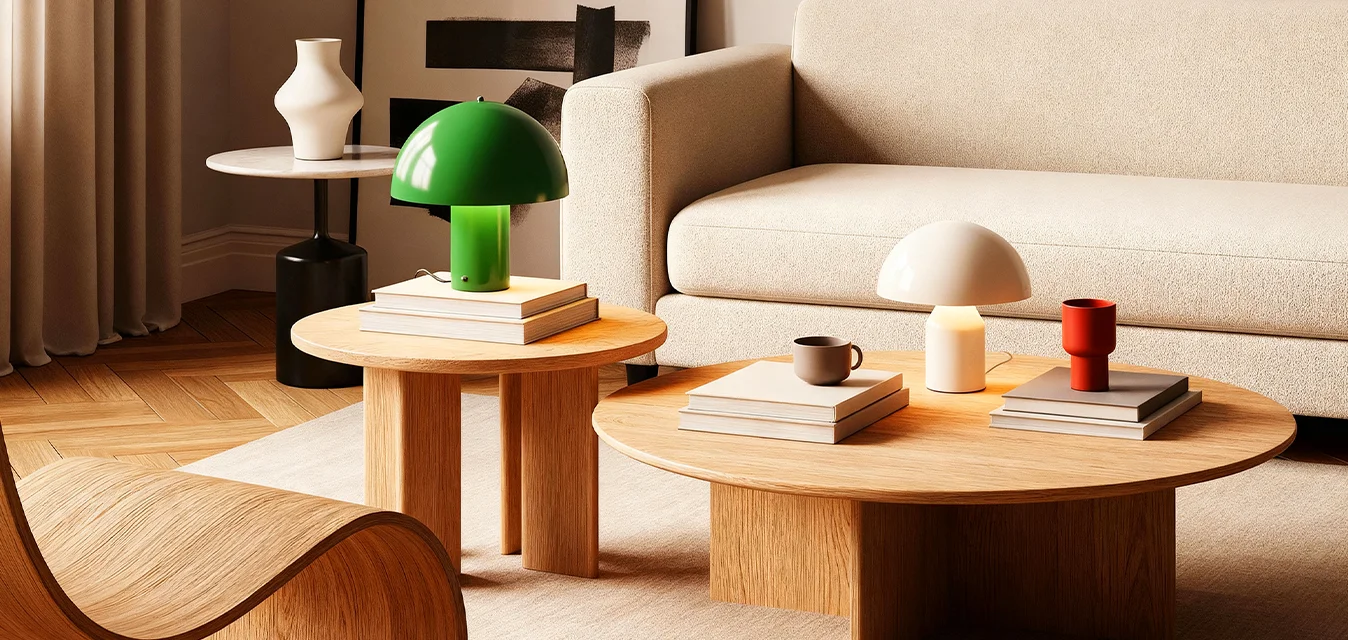 Divano beige e sedia curva in legno attorno a tavolini rotondi in legno con lampade moderne, tazze, libri e opere d'arte astratte in bianco e nero.