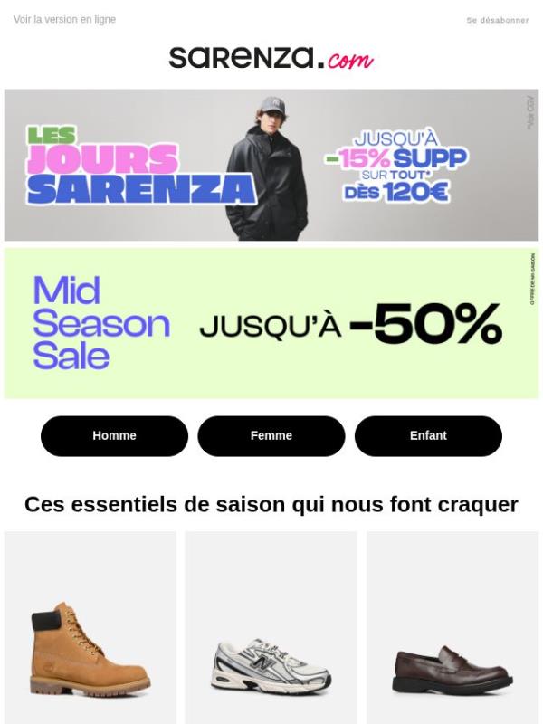 Les Jours Sarenza 💙 -15% supp’ sur TOUT* !
