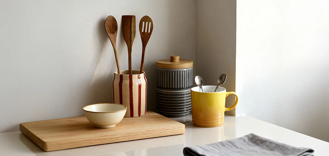 Utensili da cucina in legno in un barattolo a righe, una piccola ciotola su un tagliere, una tazza gialla con cucchiai e panni grigi piegati su un piano bianco.